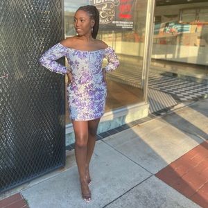 Bardot Mini Dress with Embroidered Jacquard